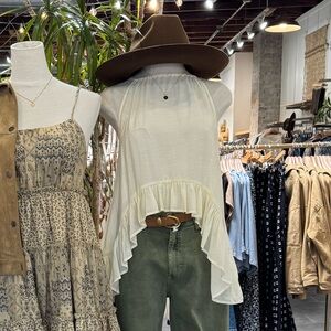 Cream Ruffle-Hem Halter Neck top